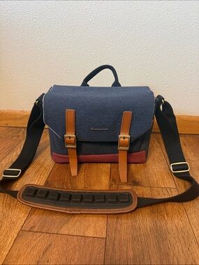 Navy & Maroon HerringboneCanvas Small Messenger/Camera Bag with Leather Trim
